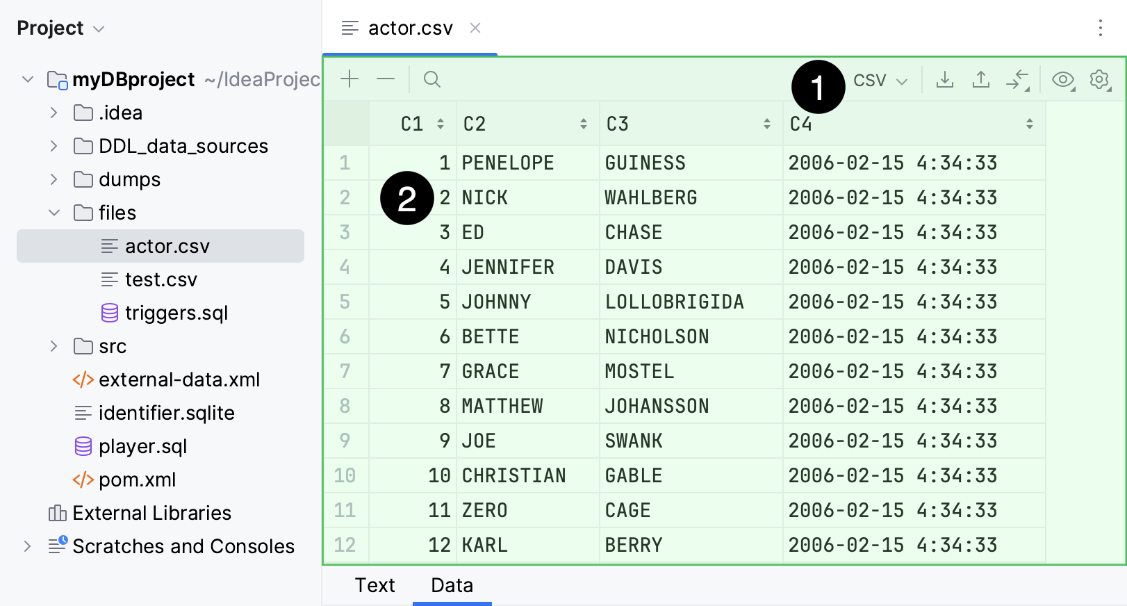 Data editor tab in a delimiter-separated values file editor Data editor tab in a delimiter-separated values file editor