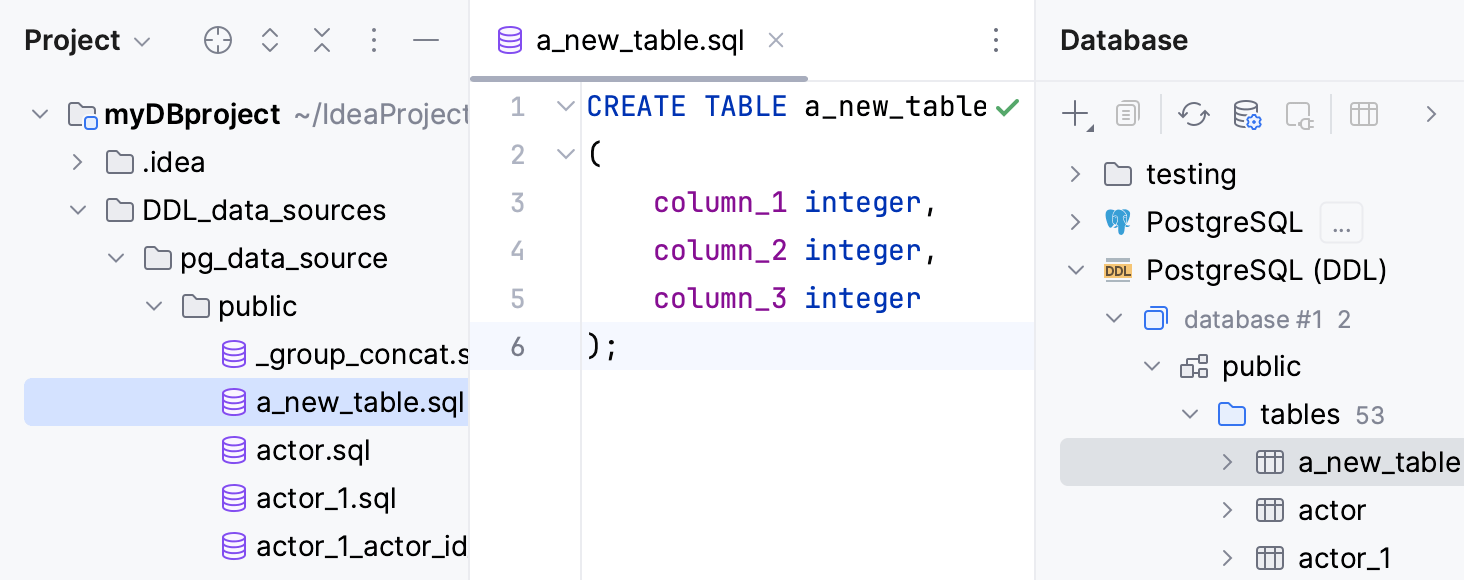 数据库工具窗口中的 DDL 数据源和项目工具窗口中带有语句的 SQL 文件 数据库工具窗口中的 DDL 数据源和项目工具窗口中带有语句的 SQL 文件