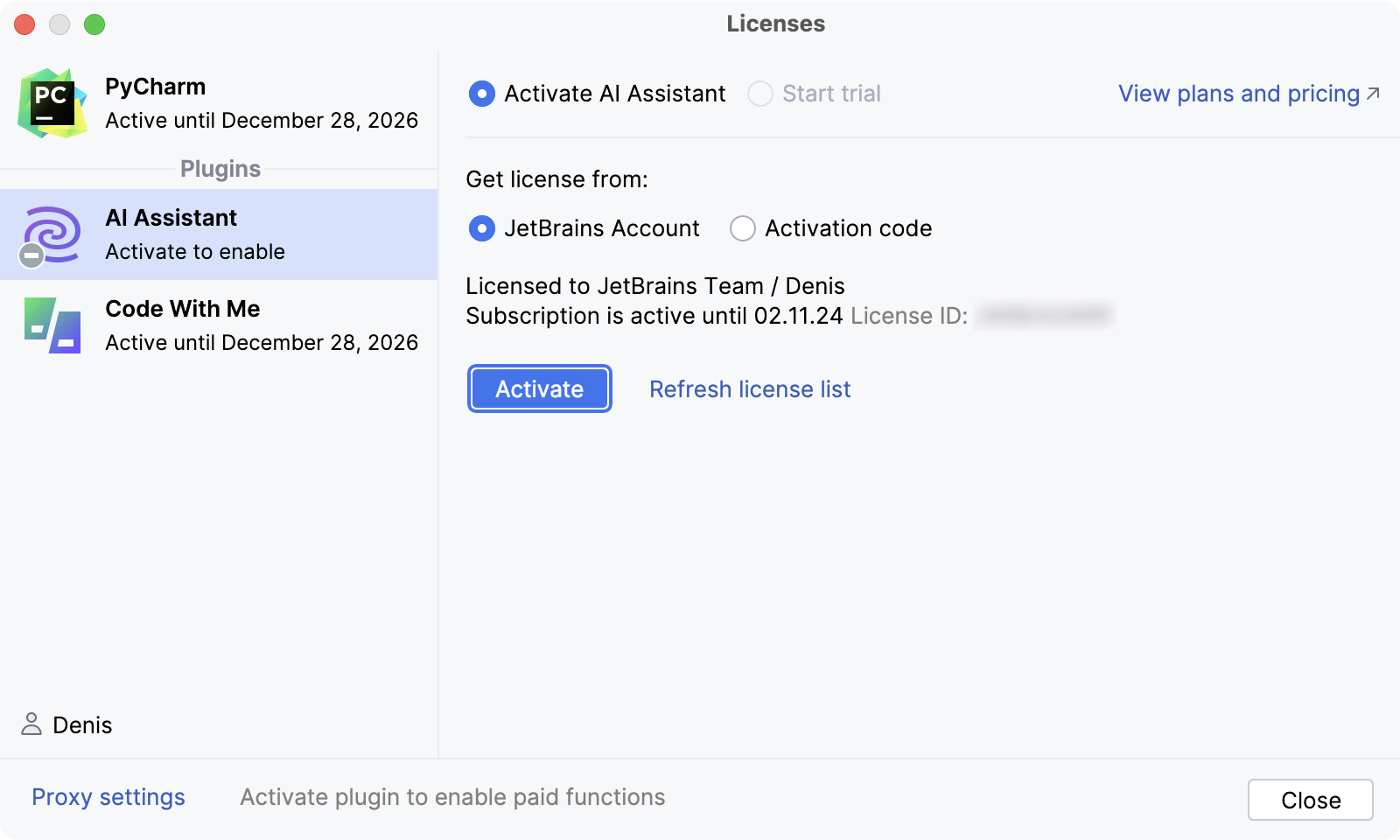 带有 AI Assistant 激活选项的许可证对话框 带有 AI Assistant 激活选项的许可证对话框