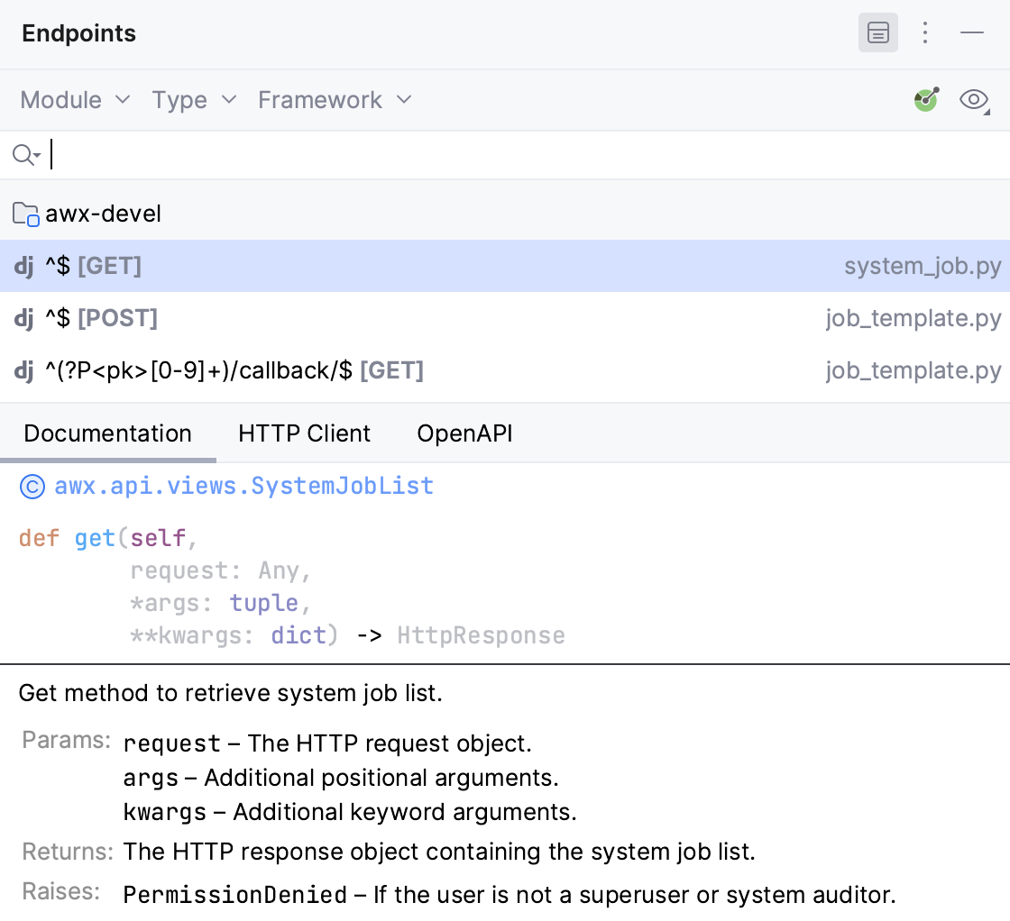 Endpoints tool window: Documentation tab Endpoints tool window: Documentation tab
