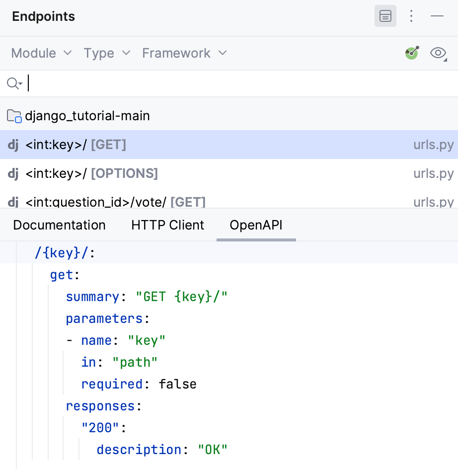 Endpoints tool window: OpenAPI tab Endpoints tool window: OpenAPI tab