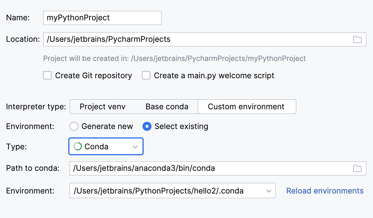 为新项目选择现有的 conda 解释器 为新项目选择现有的 conda 解释器