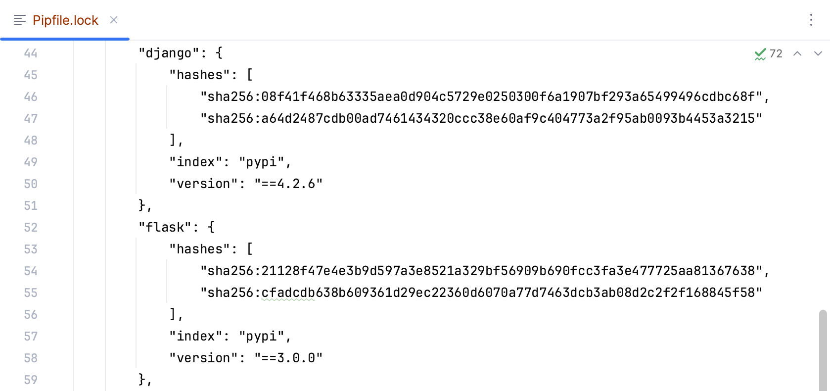 Pipfile.lock 的片段 Pipfile.lock 的片段