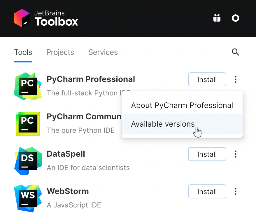 工具箱应用程序中的 PyCharm 工具箱应用程序中的 PyCharm
