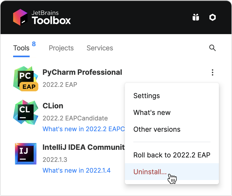 通过 Toolbox 应用程序卸载 PyCharm 通过 Toolbox 应用程序卸载 PyCharm