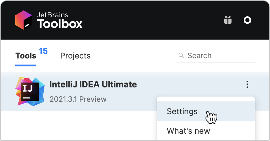 在 Toolbox App 中打开 IDE 实例设置 在 Toolbox App 中打开 IDE 实例设置