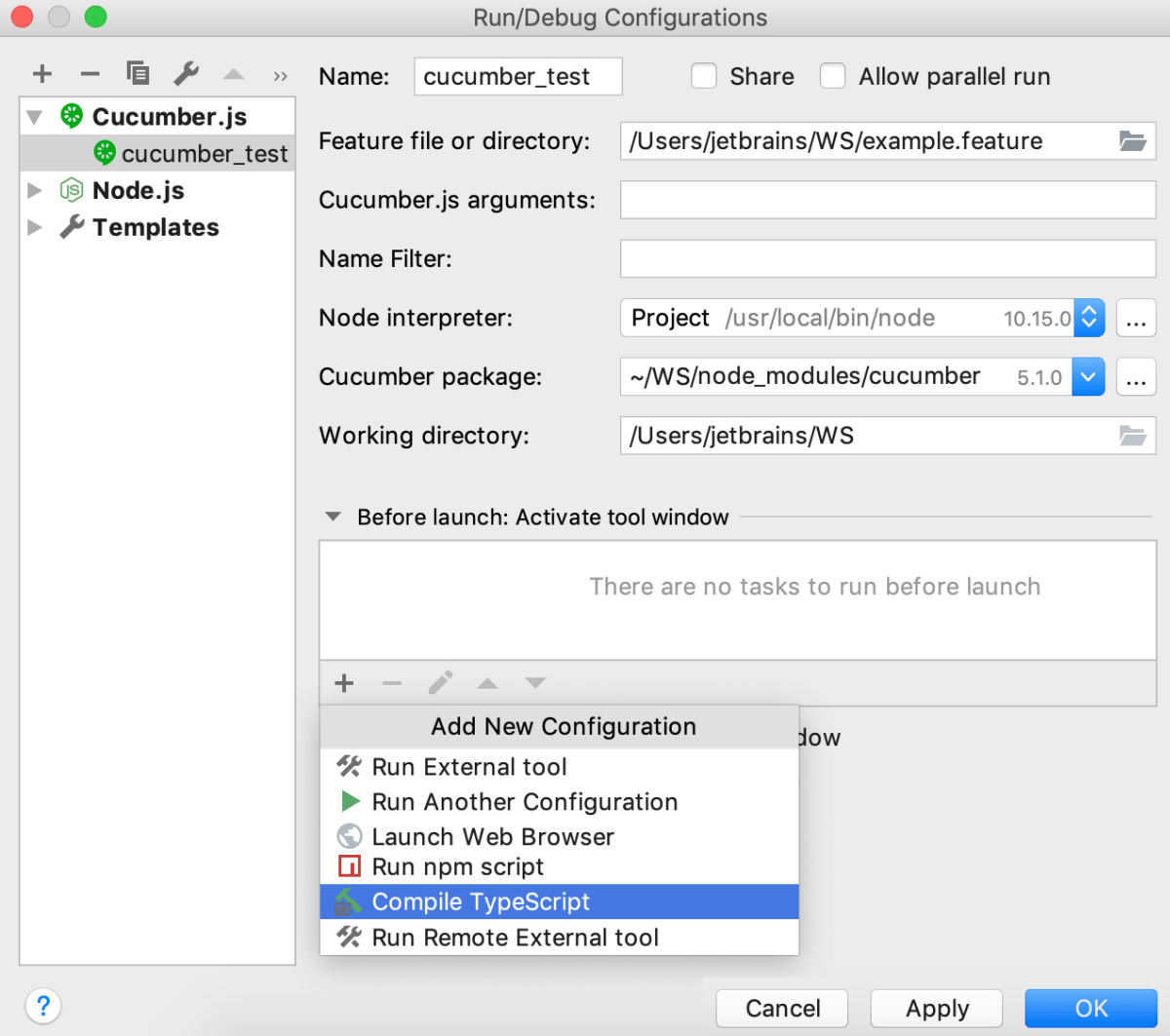 Cucumber.js 运行配置:添加 Compile TypeScript Before launch 任务 Cucumber.js 运行配置:添加 Compile TypeScript Before launch 任务