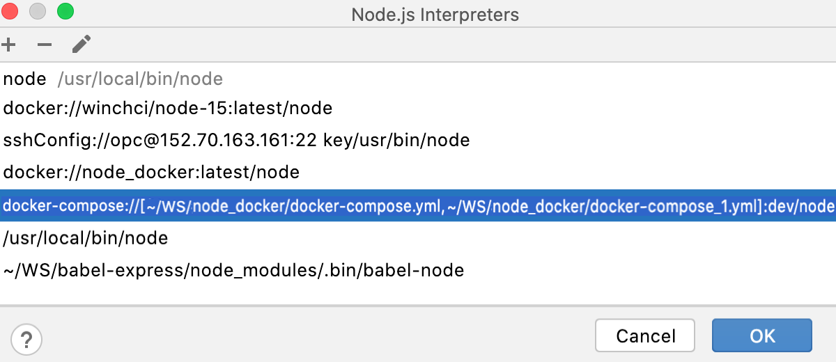 远程解释器对话框:Docker 中的新 Node.js 解释器已添加到列表中 远程解释器对话框:Docker 中的新 Node.js 解释器已添加到列表中