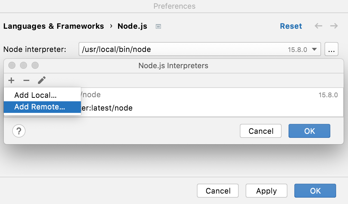 配置 Node.js 远程解释器:添加远程 配置 Node.js 远程解释器:添加远程