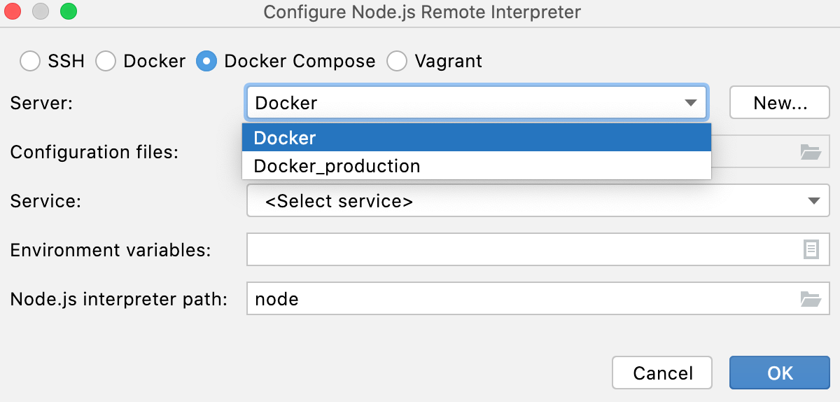 通过 Docker Compose 配置 Node.js 解释器:选择 Docker Server 通过 Docker Compose 配置 Node.js 解释器:选择 Docker Server