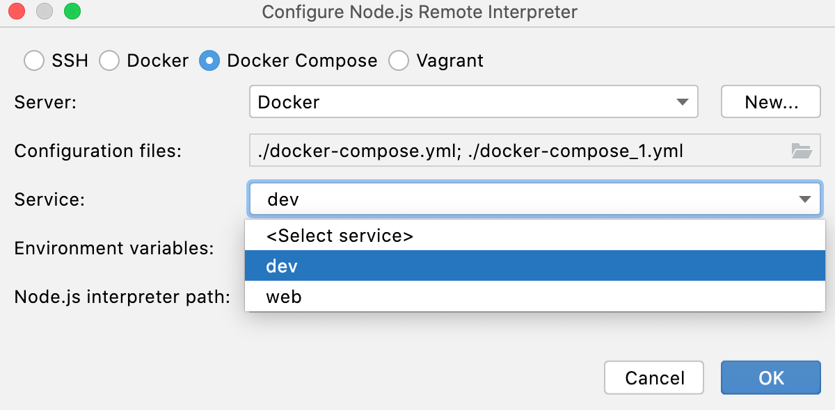 通过 Docker Compose 配置 Node.js 解释器:选择服务 通过 Docker Compose 配置 Node.js 解释器:选择服务