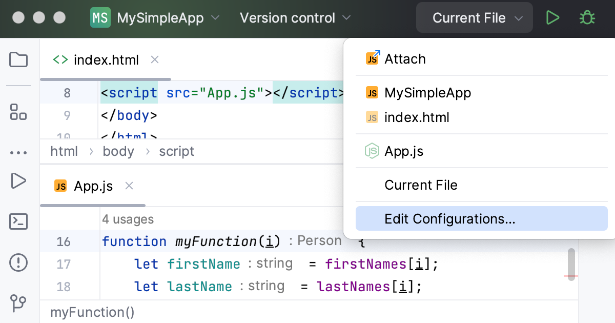 在外部 Web 服务器上调试 JavaScript:打开“编辑配置”对话框 在外部 Web 服务器上调试 JavaScript:打开“编辑配置”对话框