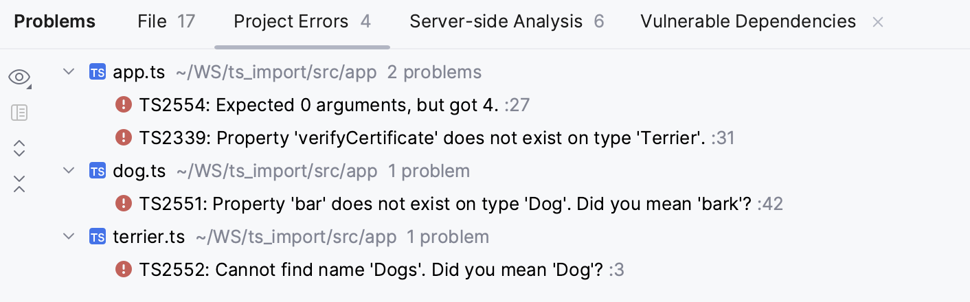 问题工具窗口,TypeScript。 项目错误选项卡显示整个项目的语法错误 问题工具窗口,TypeScript。 项目错误选项卡显示整个项目的语法错误